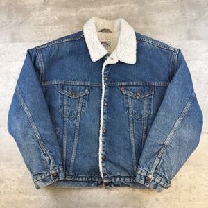 Levis Authentic Sherpa Lined Denim Trucker Jacket Blue XL‎ Vintage Style Mens